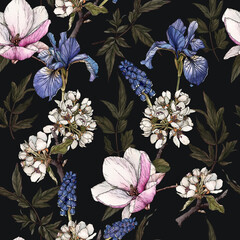 Floral seamless pattern with watercolor irises, magnolia, cherry blossom and muscari. - 388555037