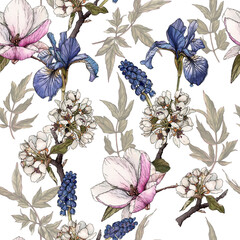 Floral seamless pattern with watercolor irises, magnolia, cherry blossom and muscari. - 388555091