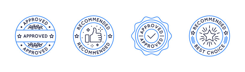 Approved, Recommended, Best choice, bestseller labels set. Labels, stickers with a checkmark and thump up. Sale stickers for social media. Vector illustration