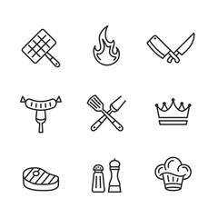 Barbecue, Steak House, Grill icons set. Set of 9 bbq line icons isolated on white background. Trendy design template for logo, badge, label. Vector illustration