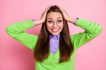 Close-up portrait of nice attractive cheerful cheery lucky girl geek good news enjoy isolated over...