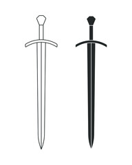Sword vector illustration icon. Military or heraldry symbol. Protection and security sign. Medieval or knight weapon. Fantasy longsword fencing logo. Clip-art silhouette.