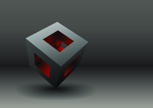 Hollow cube with orange interior. A hollow cube balanced on a corner with a colorful orange interior against a dark background.