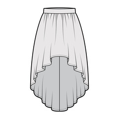 Skirt high low technical fashion illustration with knee-ancle silhouette, semi-circular fullness, thick waistband. Flat bottom template front, grey color style. Women, men, unisex CAD mockup