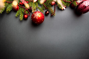 Christmas holidays composition on black background with copy space for your text