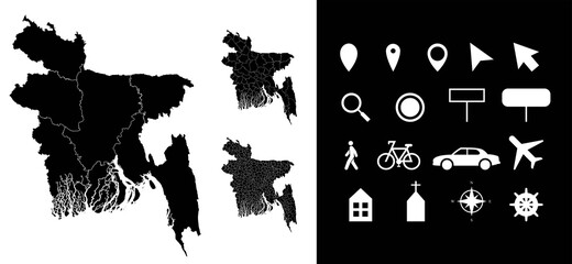Map of Bangladesh administrative regions departments, icons. Map location pin, arrow, man, bicycle, car, airplane.
