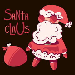 Christmas illustration of Santa Claus, vector. Funny Father Frost hipster in glasses with a red bag. Cartoon character for banner, poster, postcard, tag, label.