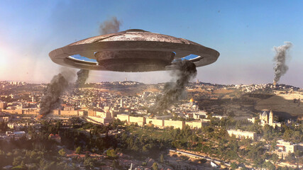 3d rendering, Ufo flying saucer over destroyed Jerusalem Old City- Aerial  © ImageBank4U
