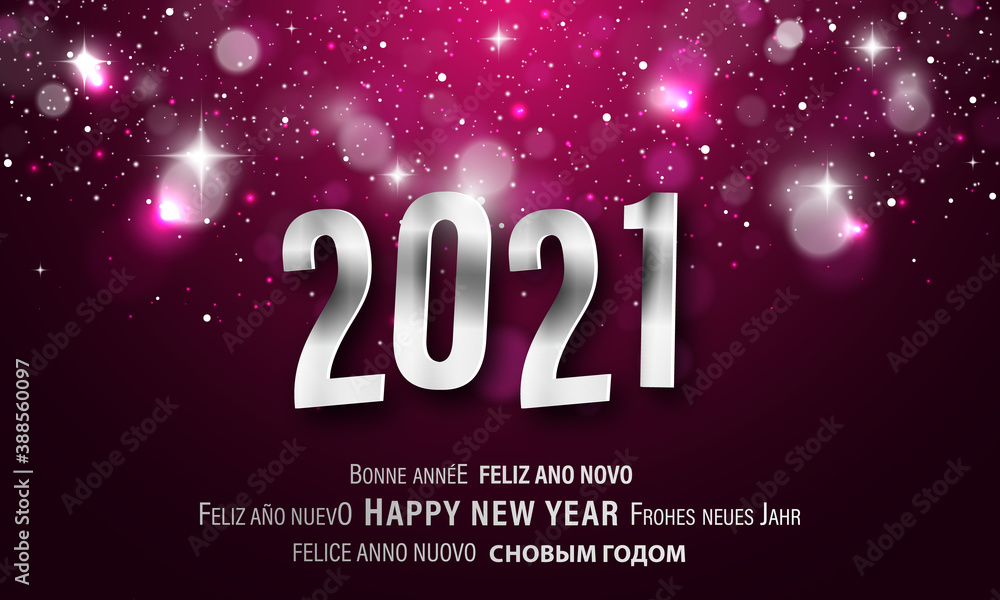 Poster pf 2021. happy new year editable vector illustration in different languages with glitters and stars.