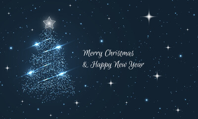 Merry Christmas and Happy New Year greeting card. Abstract vector winter background with glitters and stars.