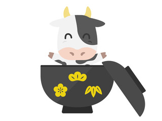 お椀に入った牛のキャラクターのイラスト
