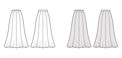 Skirt maxi eight gore technical fashion illustration with ancle lengths silhouette, semi-circular fullness. Flat bottom template front, back, white grey color style. Women, men, unisex CAD mockup