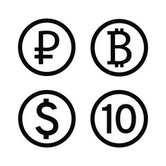 Set of vector icons, ruble, bitcoin, dollar, ten. Black outline isolated on white background, eps 10.