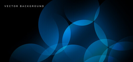 Abstract blue geometric circles overlapping on black background. Technology concept.