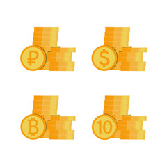 A set of coins stacked in columns. Ruble, dollar, bitcoin, ten. Vector illustration, flat cartoon color minimal design isolated on white background, eps 10.