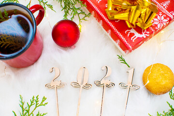 new year text 2021, gift, mug, christmas balls