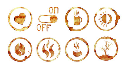 Coffee spots with cup and nature picture. Dirty cup splash eight ring stain or coffee stamp. Illustration for cafe design