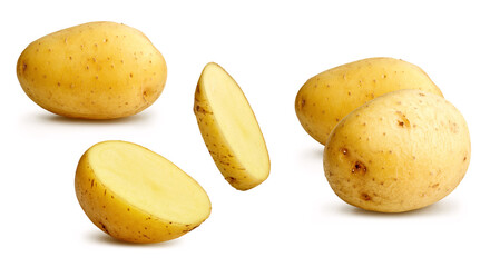 Fresh young potato set isolated, white background. Raw vegetables design elements close up composition, focus stacking, full depth of field macro. Tasty potatoes and potato slice, healthy food concept