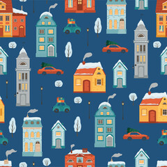 Seamless pattern with flat style winter houses. Christmas holiday background with a cozy town in retro style. Vector illustration