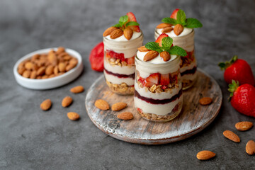 Strawberry Dessert Jar,  yogurt fruit parfait topped with almonds