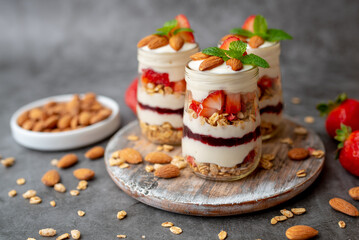 Strawberry Dessert Jar,  yogurt fruit parfait topped with almonds