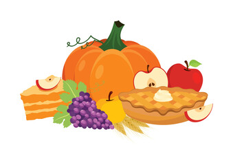 Traditional thanksgiving food with apple pie and pumpkin icon vector. Thanksgiving autumn harvest decoration icon isolated on a white background. Autumn food still life icon. Harvest festival clip art