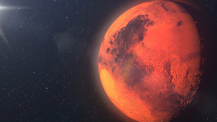 3d rendering, Planet Mars Surface with stars and sun flare