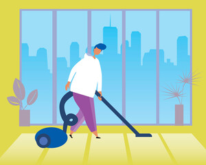 Vacuuming a man as a concept of cleaning the house, vacuum cleaner, cleanliness, flat vector stock illustration with a man in the interior of the house