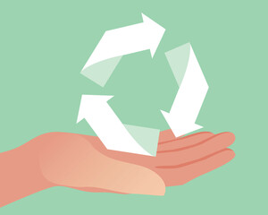 Waste recycling symbol in hand isolated as concept of eco-friendly, ecology, save the planet, zero waste, flat vector illustration