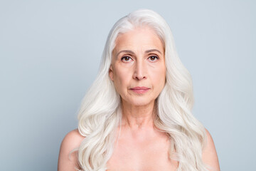 Photo of naked tenderness aged woman lady after spa salon procedures isolated grey color background