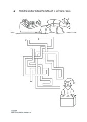 The maze game. Christmas theme. Help the reindeer to join Santa Claus. Game and coloring. Vector illustration. English language.