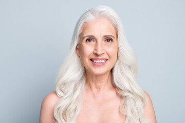 Close-up portrait of her she nice-looking attractive cheery grey-haired old lady after laser...