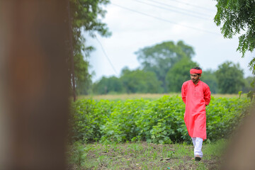 young indian farmer walking and observation in his field