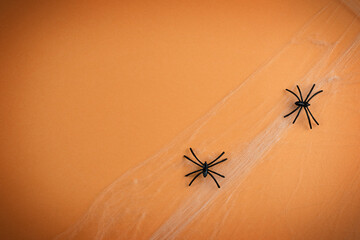 Spiders with cobwebs on an orange background. Halloween