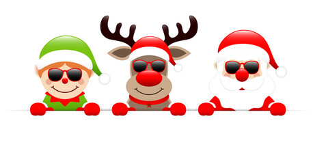 Fototapeta na wymiar Elf Rentier Und Weihnachtsmann Sonnenbrille Horizontales Banner