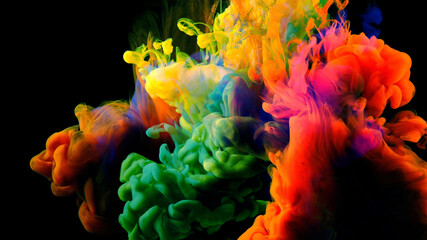 Color drops in water , abstract color mix , drop of Ink color mix paint falling on background,
