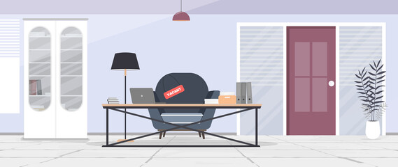Vacant place banner. Search for a leader. Loft style table. Workplace, books, documents, laptop. Vector.