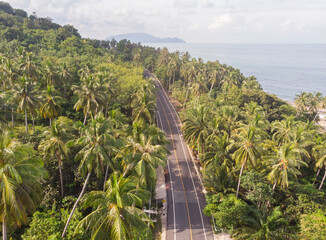 Fototapeta na wymiar road and tropical island aerial view