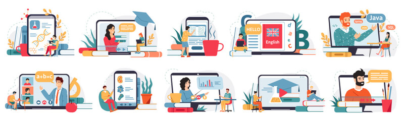 Online education. Internet classes, webinar or digital classroom, homeschooling on laptop screen. E-learning concept vector illustration set. Students having different subjects at home