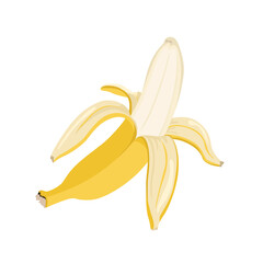 Half peeled banana isolated on white background. Vector illustration, fruit icon. Cartoon flat style.