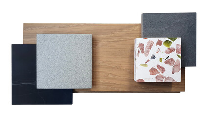 combination of interior material samples containing black maquina marble ,grey and black stone texture tiles ,laminated wooden flooring ,white terrazzo with large red and green stone fragments.