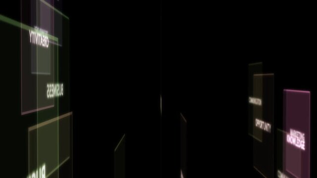 Digital word cloud , Creative concept of Business and technology - flying through digital technology and business related words , 4K render, 3D animation