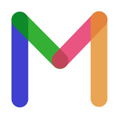 Letter M multicolored, blue, pink, orange and green colors on a white background. Icon or logo for design.
