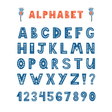 Fototapeta Folk latin alphabet. Decorative font, letters and ornate - leaves, flowers. Handwritten typescript for poster, banner, invitation. Hand drawn lettering. Vector scandinavian style ABC isolated on white