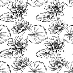Monochrome seamless pattern with flowers. Water Lily and leaves isolated on a white background