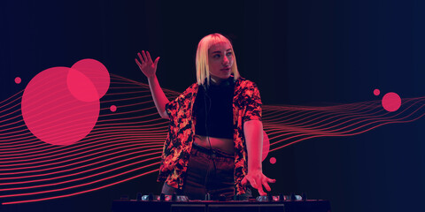 Young female musician in headphones performing on dark background in neon light. Concept of music, hobby, festival, entertainment, emotions. Neoned modern artwork, cover, flyer designed. - obrazy, fototapety, plakaty