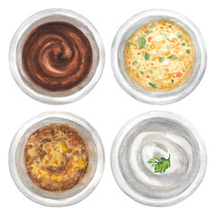 Watercolor sauces in bowls set