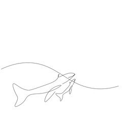 Fototapeta premium Whale family on sea line drawing. Vector illustration