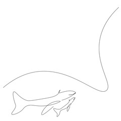 Whale family on ocean line drawing. Vector illustration