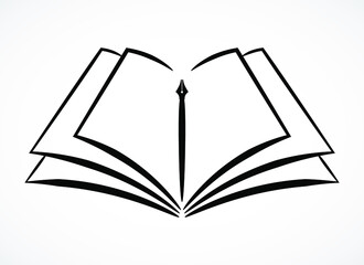 Contour symbol of opened book and pen, vector